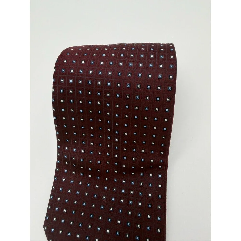 Pronto Uomo Silk Tie Mens Burgundy Maroon Geometric Diamond Squares Hand Made